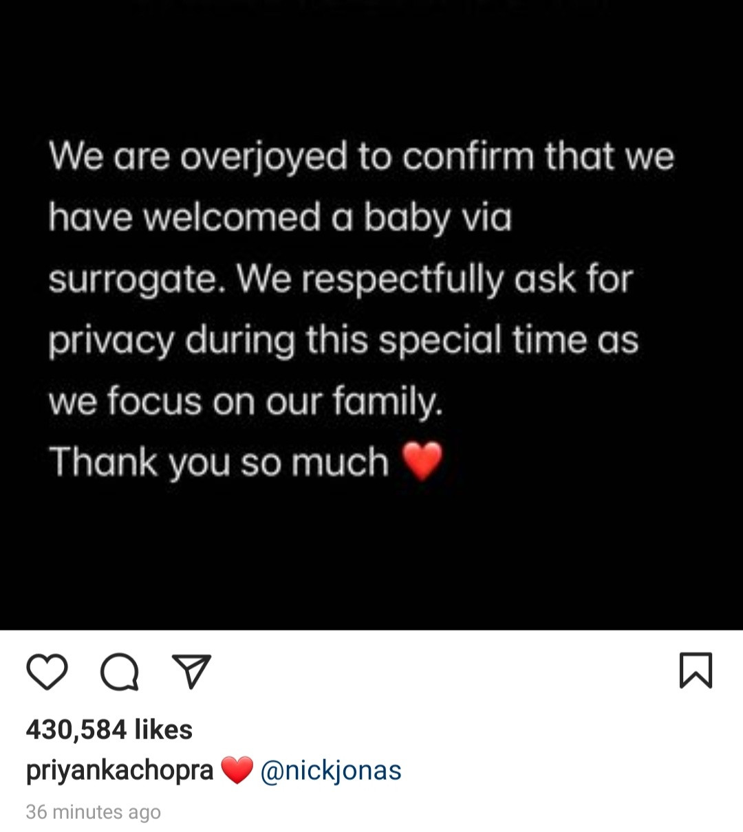 Priyanka Chopra and Nick Jonas welcome their first child