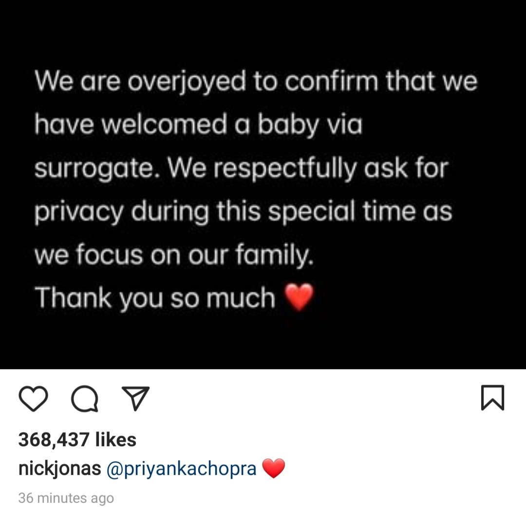 Priyanka Chopra and Nick Jonas welcome their first child