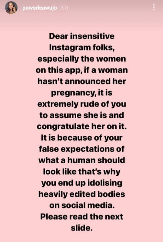 It is rude to assume a woman is pregnant and congratulate her on it - Former beauty queen, Powede Awujo calls out insensitive Instagram users