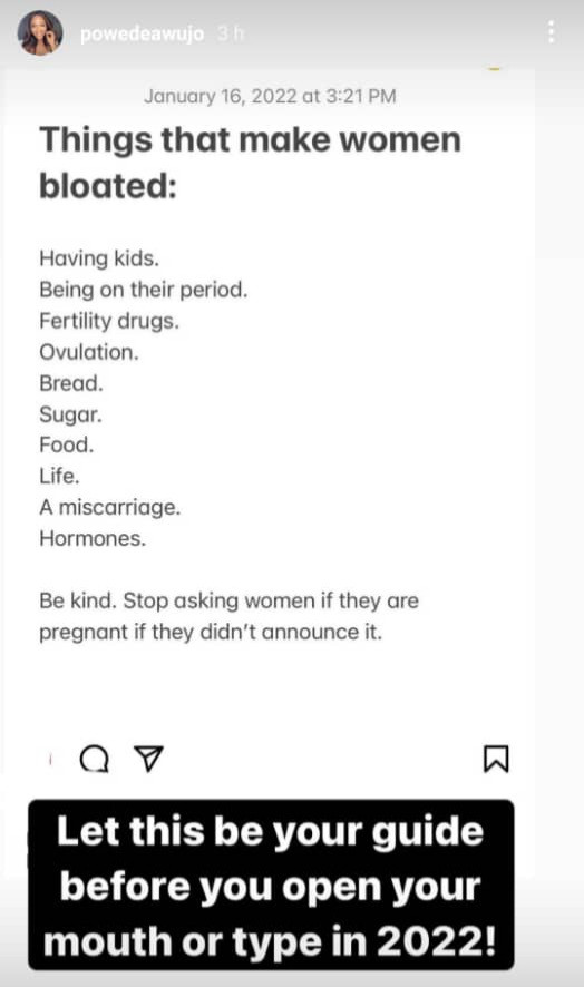 It is rude to assume a woman is pregnant and congratulate her on it - Former beauty queen, Powede Awujo calls out insensitive Instagram users