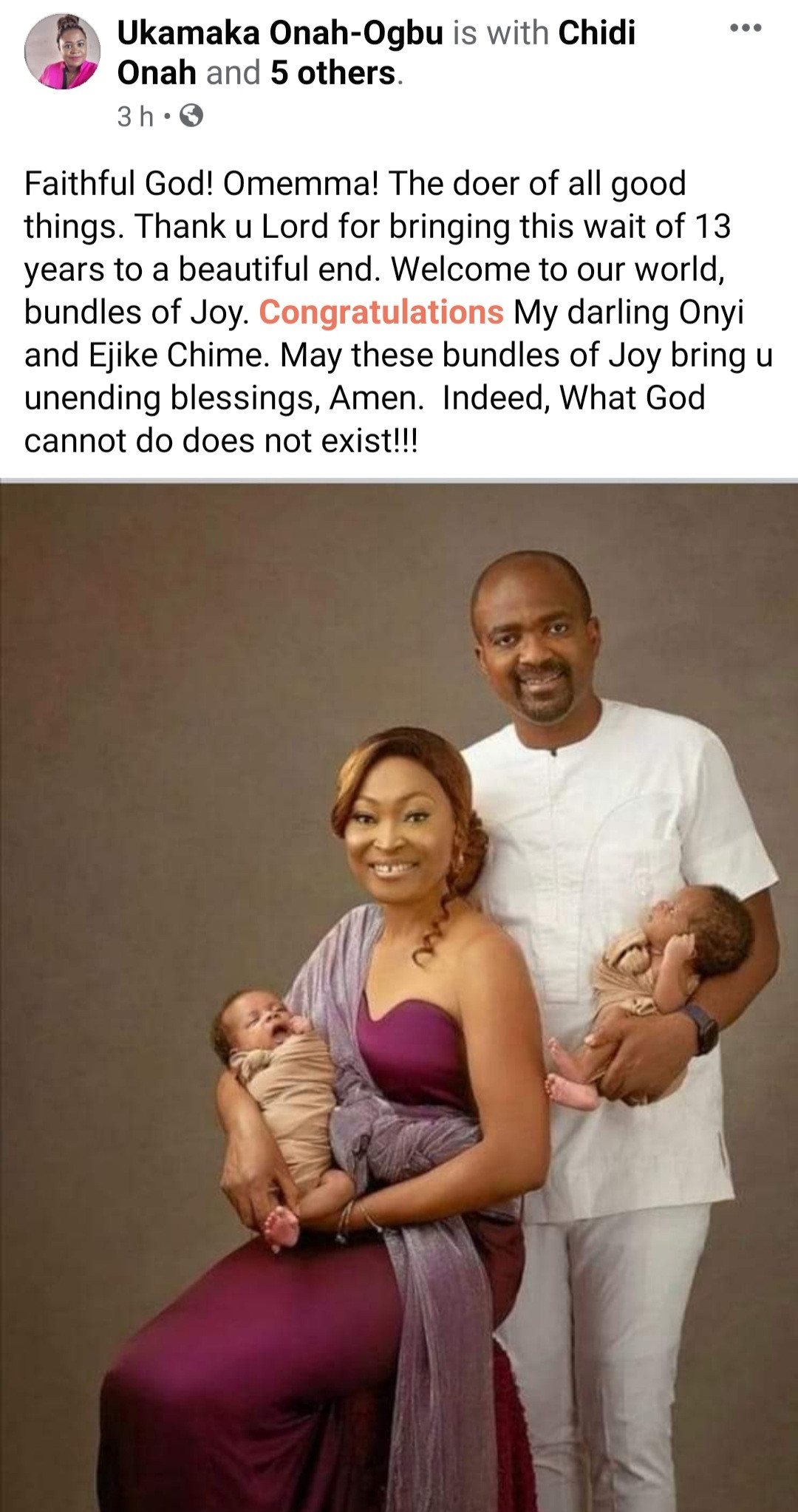 Another Nigerian couple welcome twins after 13 years of marriage