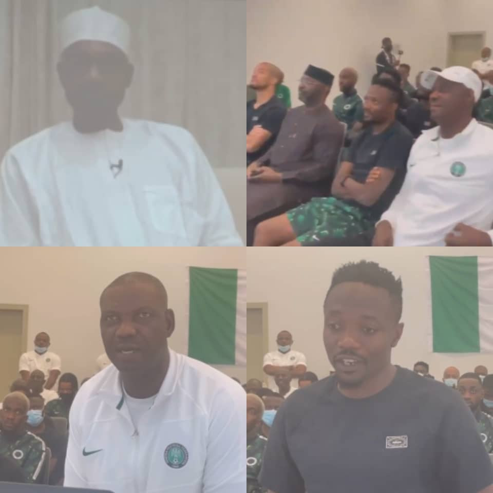 President Buhari speaks with Super Eagles players, charges the team to keep making Nigerians happy (video)