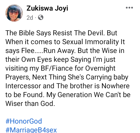 The Bible says resist the devil" - 32-year-old South African virgin addresses women who visit their boyfriends, fiancés for 'overnight prayers'