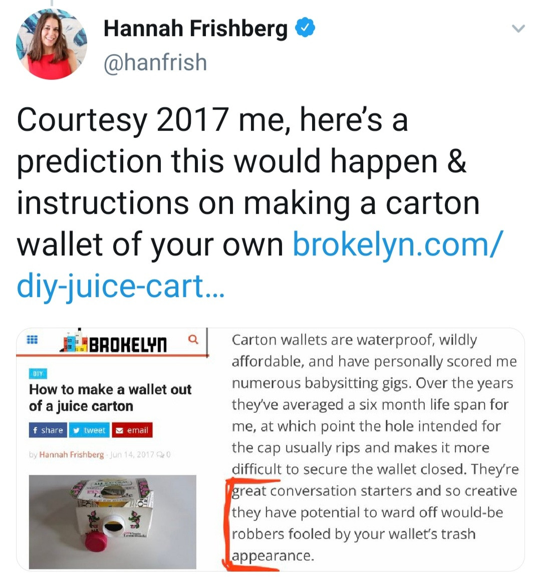 New York Post writer recovers her stolen items after the mugger thought her juice carton wallet was trash and threw it away