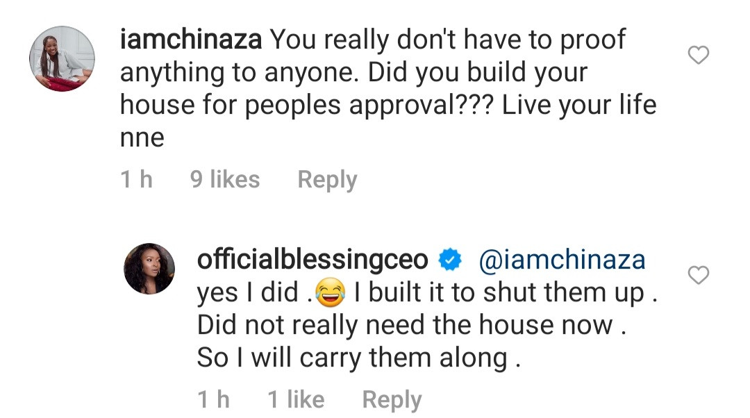 Blessing Okoro reveals she "did not need" her new house and she only built it to "shut them up"
