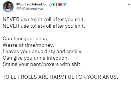 Toilet rolls are harmful for your anus- Nigerian doctor warns