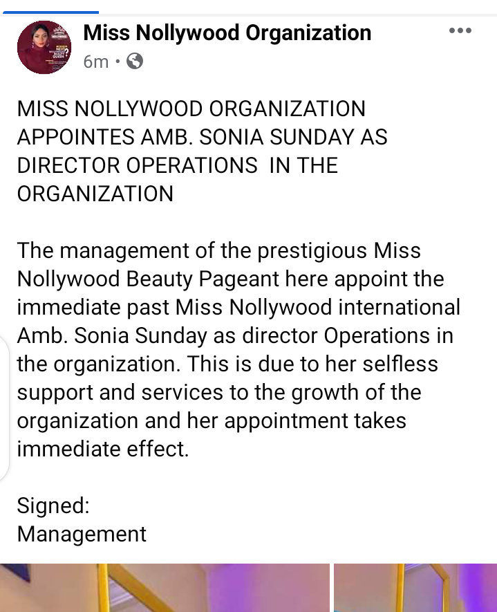 Miss Nollywood organization Appoints Ex Queen Amb. Sonia Sunday as Director Operations.