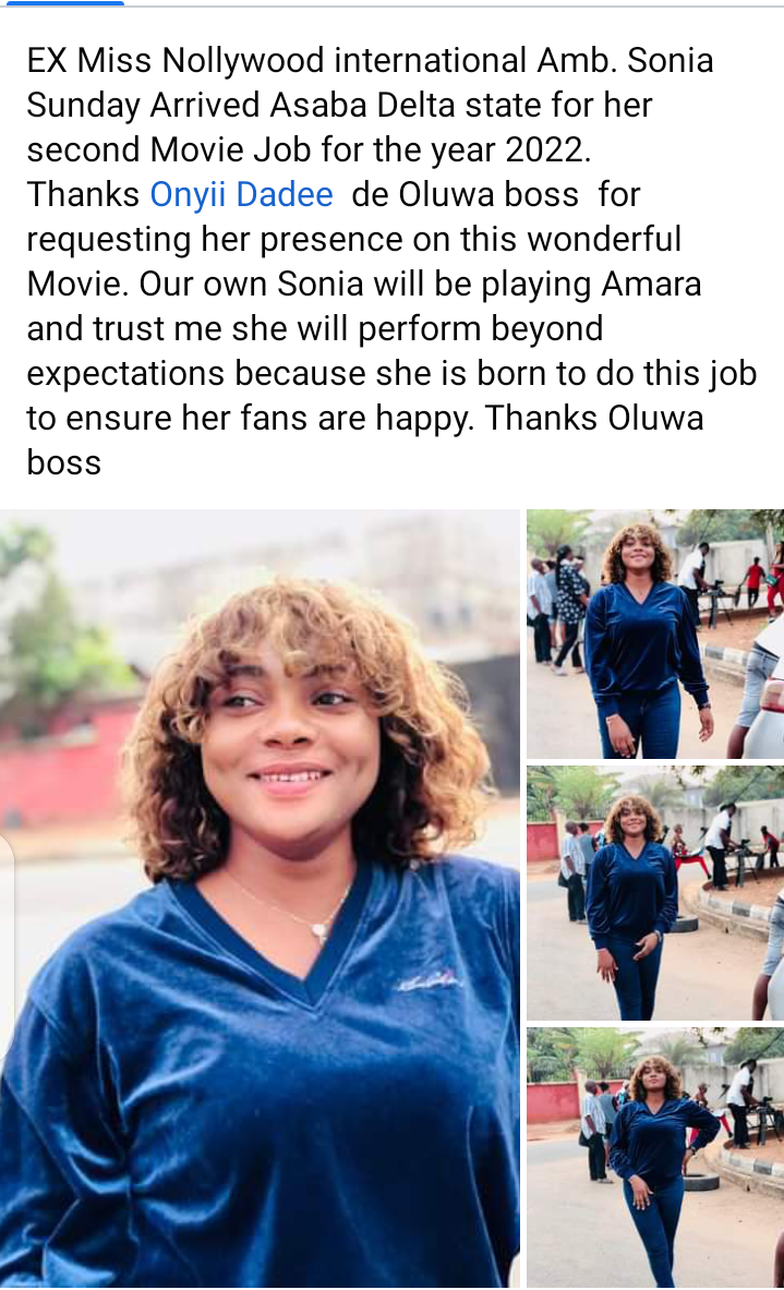 EX Miss Nollywood international Amb. Sonia Sunday Arrived Asaba Delta state for her second Movie Job for the year 2022.
