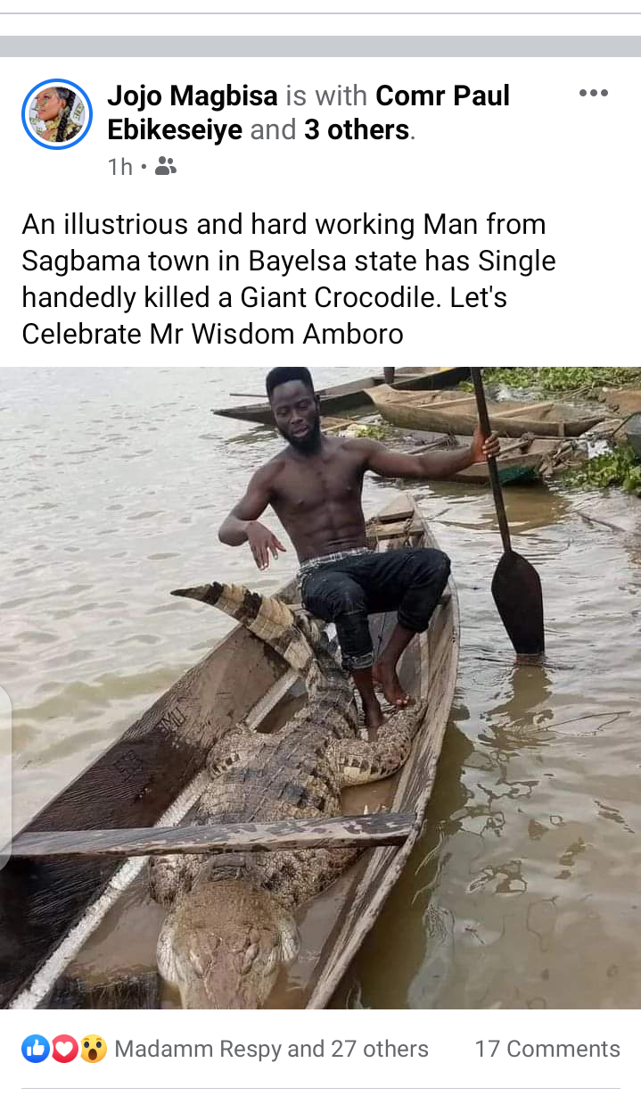 A young boy kills a Giant Crocodile in Bayelsa state( photos)