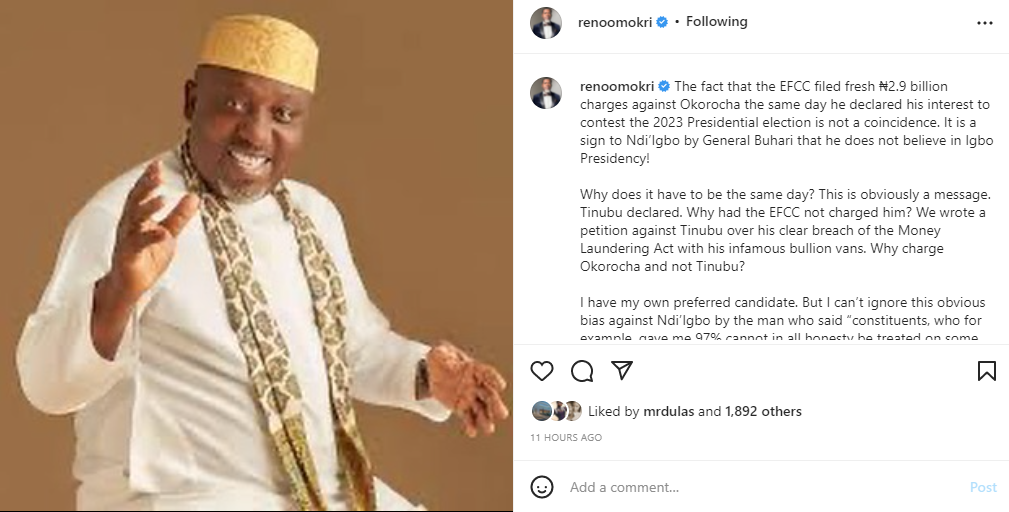 It is a sign to Ndi’Igbo by Buhari that he does not believe in Igbo Presidency - Reno Omokri reacts as EFCC files fresh charges against Rochas Okorocha