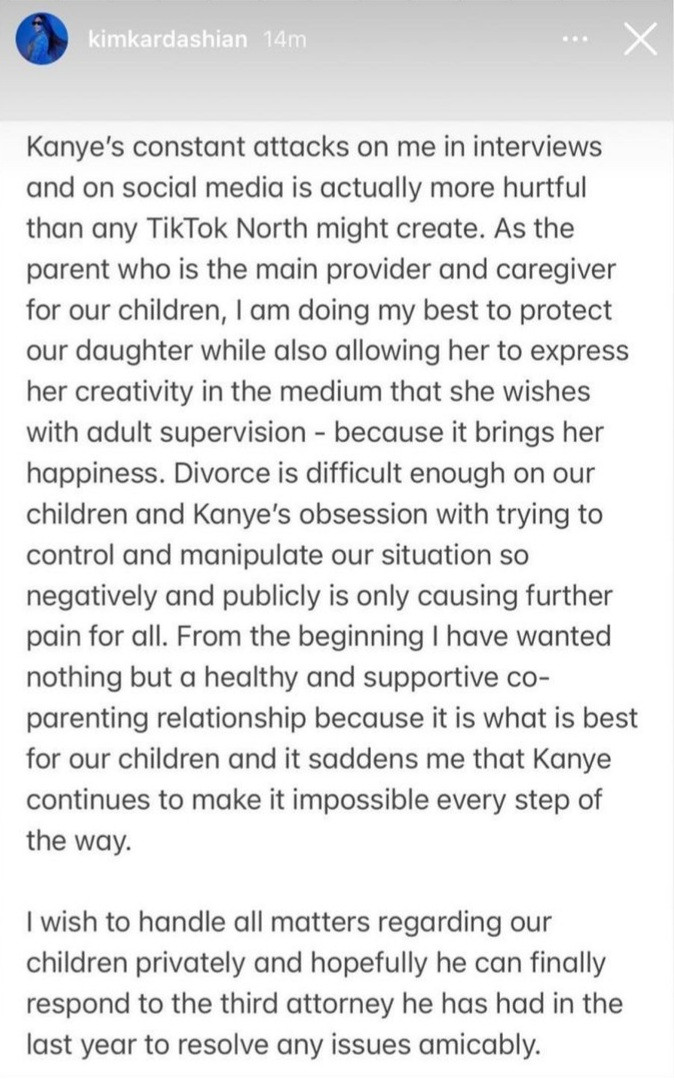 As the parent who is the main provider, I'm doing my best" Kim Kardashian hits back at Kanye West after he talked about their daughter, North, joining TikTok without his permission