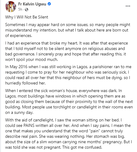 Nigerian priest shares sad story of how a lady died after doctors forgot a piece of cloth in her stomach following a cesarean section