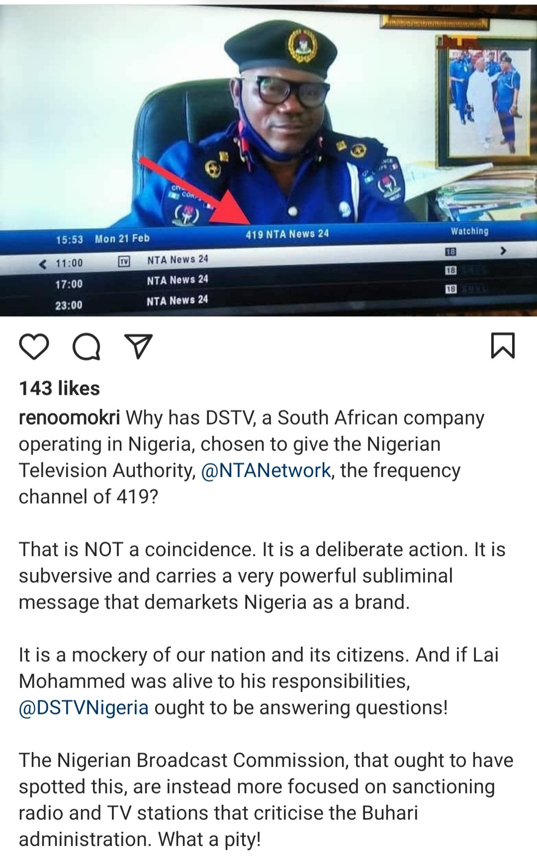 It is deliberate" Reno Omokri calls out DSTV for assigning channel 419 to the Nigerian government-owned broadcaster, NTA