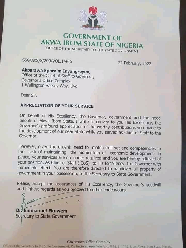 Akwa Ibom Governor sacks Chief of Staff