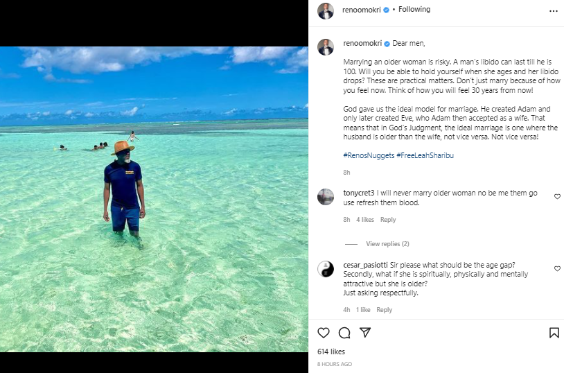 In God's judgement, the ideal marriage is one where the husband is older than the wife and not vice versa - Reno Omokri