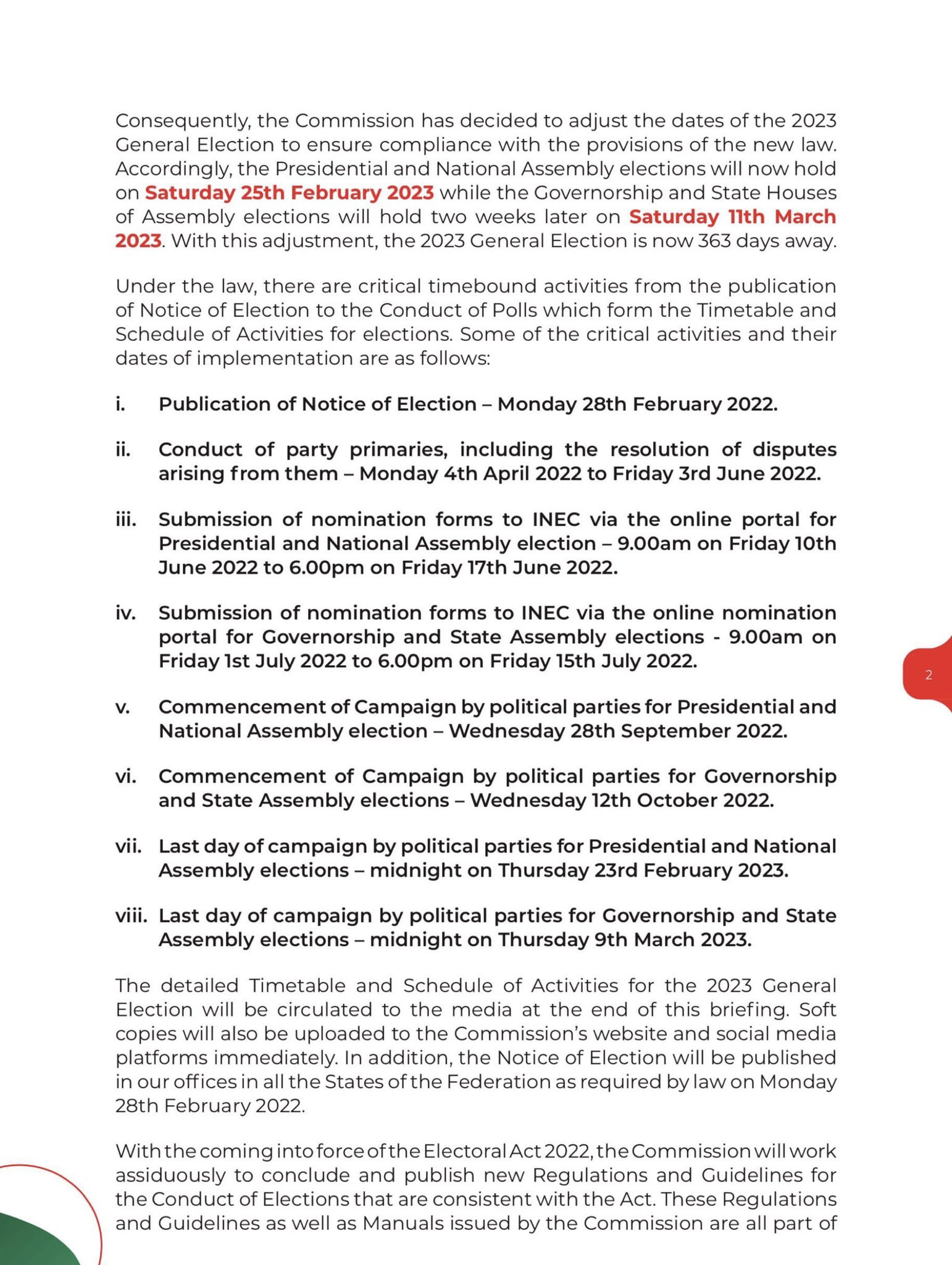 INEC announces new dates for 2023 Presidential and Governorship elections