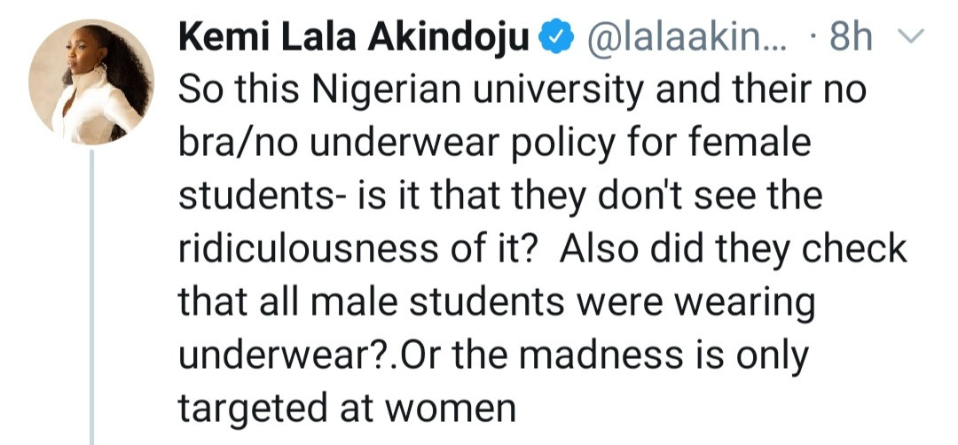 Is the madness only targeted at women?" Kemi Lala Akindoju reacts to the underwear policy issued to female students by a Nigerian University
