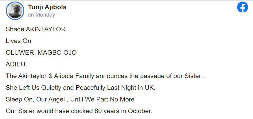 Actress Shade Akintaylor 'Oluweri Magbo Ojo' is dead