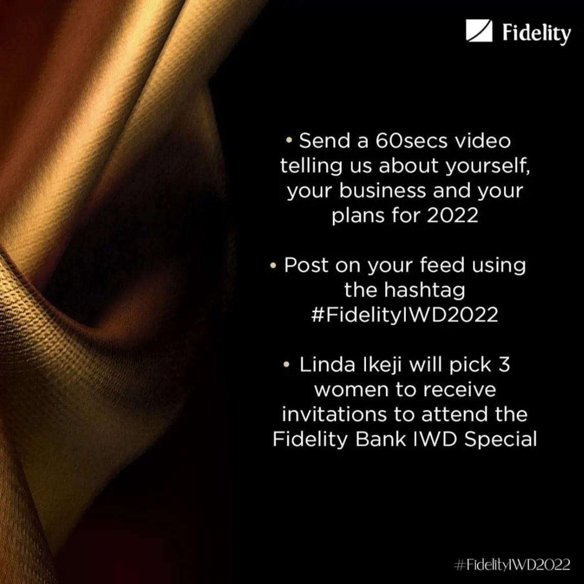#fidelityIWD2022: How to win an invitation to participate in Fidelity Bank International Women's Day event in collaboration with Linda Ikeji