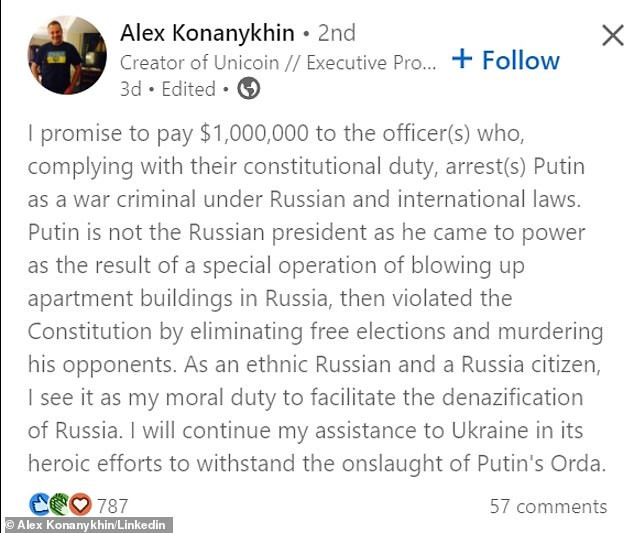 Russian businessman Alex Konanykhin offers a $1 million bounty for Vladimir Putin’s capture 'Dead or Alive’