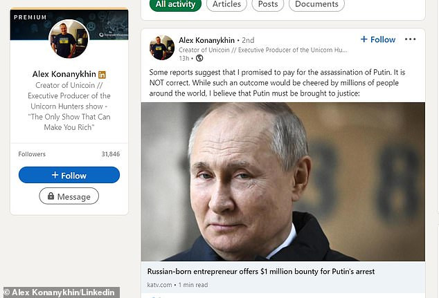 Russian businessman Alex Konanykhin offers a $1 million bounty for Vladimir Putin’s capture 'Dead or Alive’