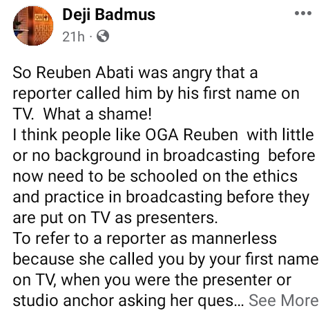 It shows his total ignorance of the ethics and convention of broadcasting - Journalist, Deji Badmus berates Reuben Abati for calling reporter 'mannerless' on