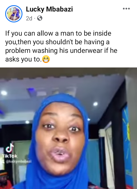 If you can allow a man to be inside you then you shouldn't have a problem washing his underwear" - Ugandan radio personality addresses women