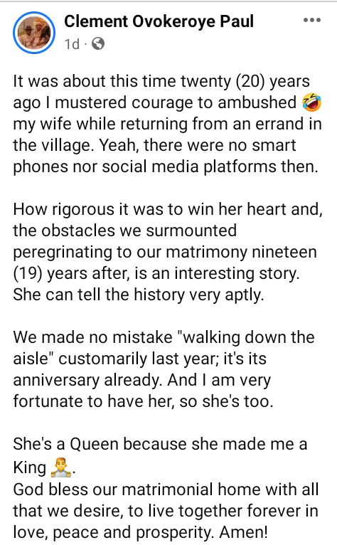 It was rigorous winning her heart - Bayelsa Deputy Governor's senior aide says as he shares throwback photo of himself with wife