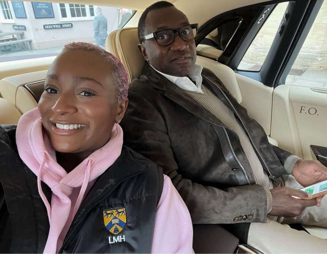 Beauty with brains" Femi Otedola boasts about daughter DJ Cuppy as he pays her a visit in Oxford