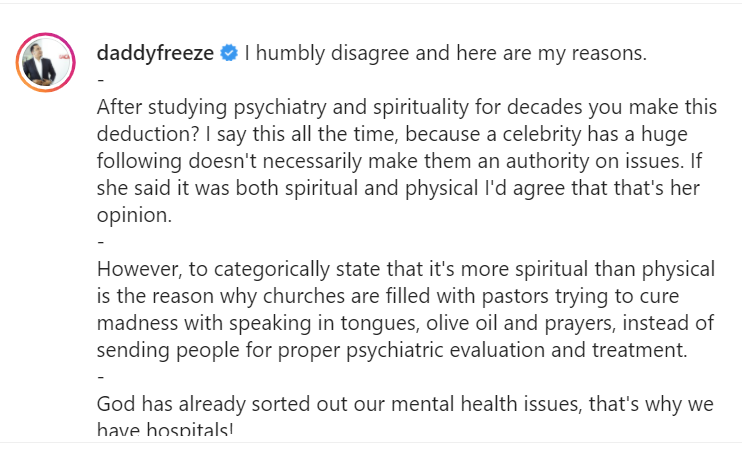 God has already sorted out our mental health issues, that's why we have hospitals - Daddy Freeze counters Genevieve Nnaji on mental health