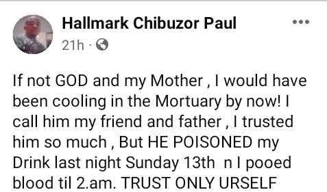 If not for God and my mother I would have been in the mortuary by now" - Nigerian man cries out after a friend allegedly poisoned his drink