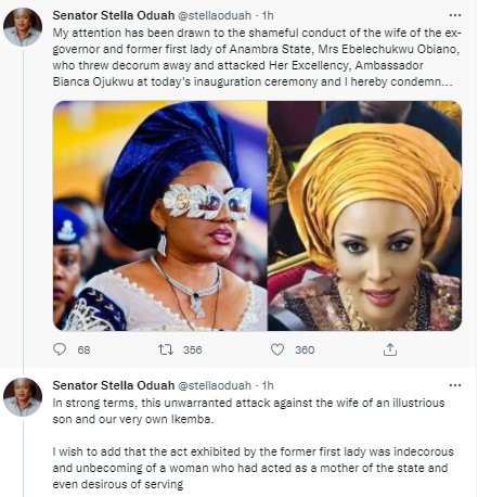 Shameful conduct - Former Aviation Minister Stella Oduah slams ex-Anambra first lady, Ebele Obiano, over her face off with Bianca Ojukwu at Gov Charles Soludo's inauguration