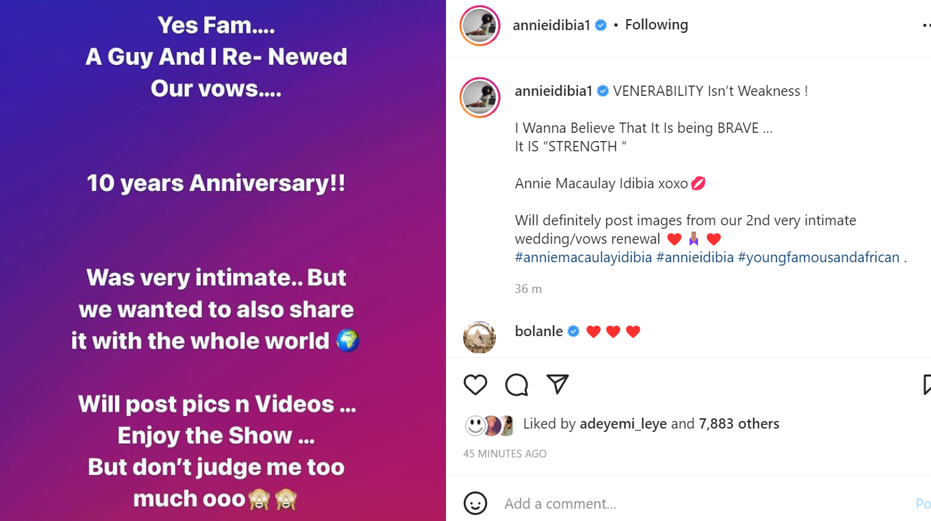 Don't judge me too much, venerability is not weakness - Annie Idibia says as she reveals she and Tuface have renewed their vows