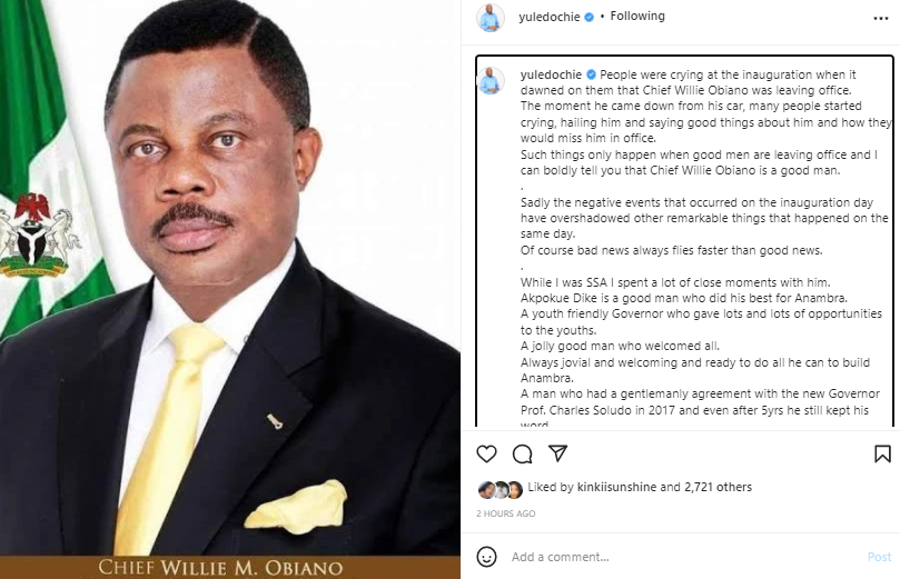 People were crying when it dawned on them that Gov Obiano was leaving office - Actor Yul Edochie