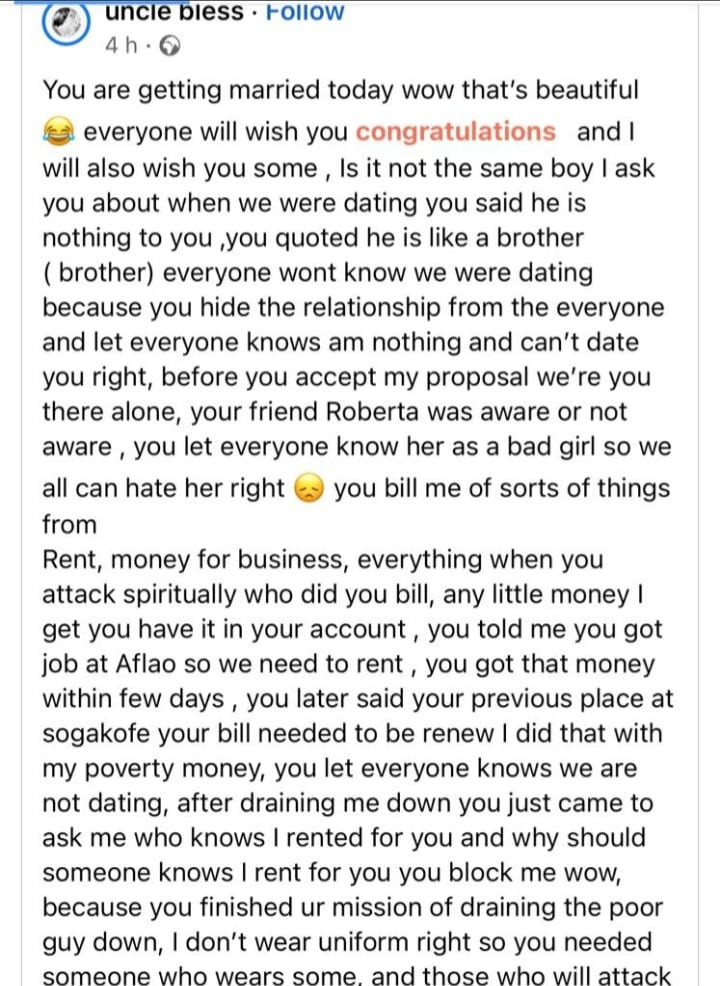 Man calls out his girlfriend who dumped him to marry a soldier she claimed is 'like a brother to her' after he rented an apartment and set up a business for her
