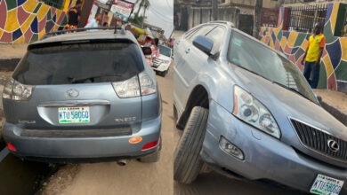 Lagos will drive you mad” Man concludes after his wife parked her car to drop the kids at school only to find it in the gutter when she returned