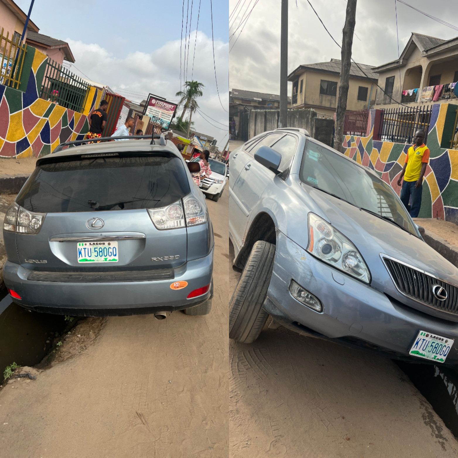 Lagos will drive you mad" Man concludes after his wife parked her car to drop the kids at school only to find it in the gutter when she returned