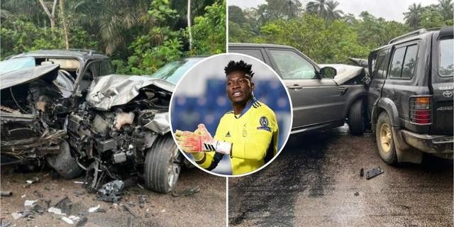 Cameroon' goalkeeper Andre Onana walks away unharmed from a horrific car crash on his way to crucial World Cup play-off against Algeria (Photos)