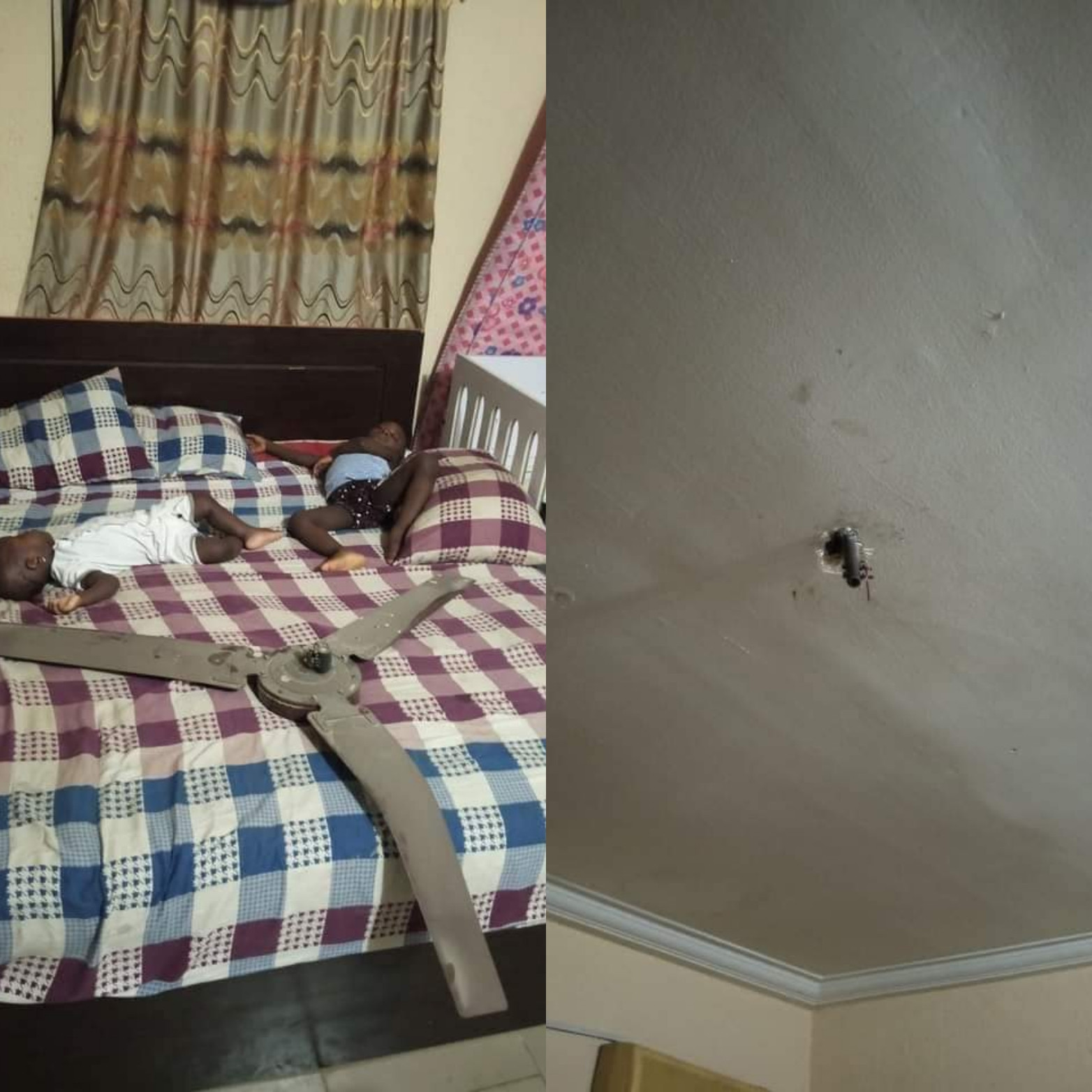 Woman and her kids escape unhurt as ceiling fan falls on their bed while they slept