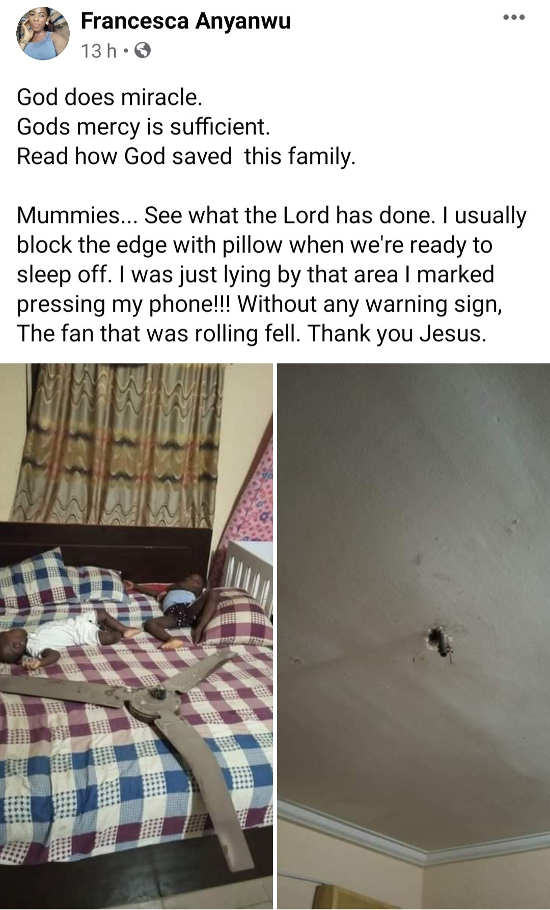 Woman and her kids escape unhurt as ceiling fan falls on their bed while they slept