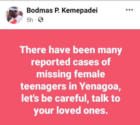 Governor Diri's aide raises alarm over reported cases of missing female teenagers in Yenagoa as 16-year-old girl disappears