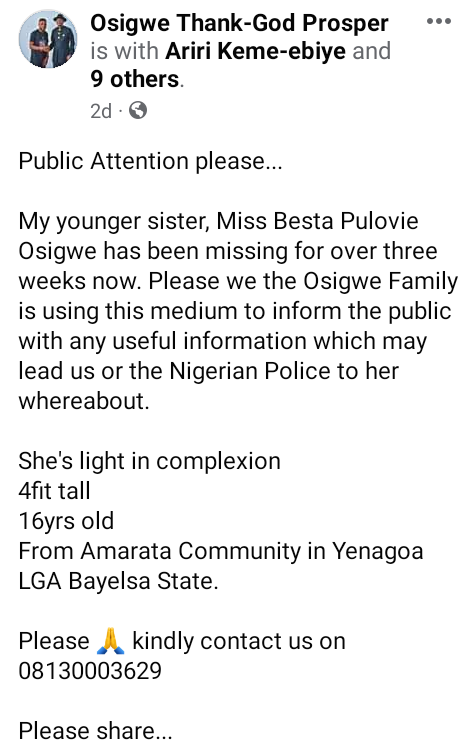 Governor Diri's aide raises alarm over reported cases of missing female teenagers in Yenagoa as 16-year-old girl disappears