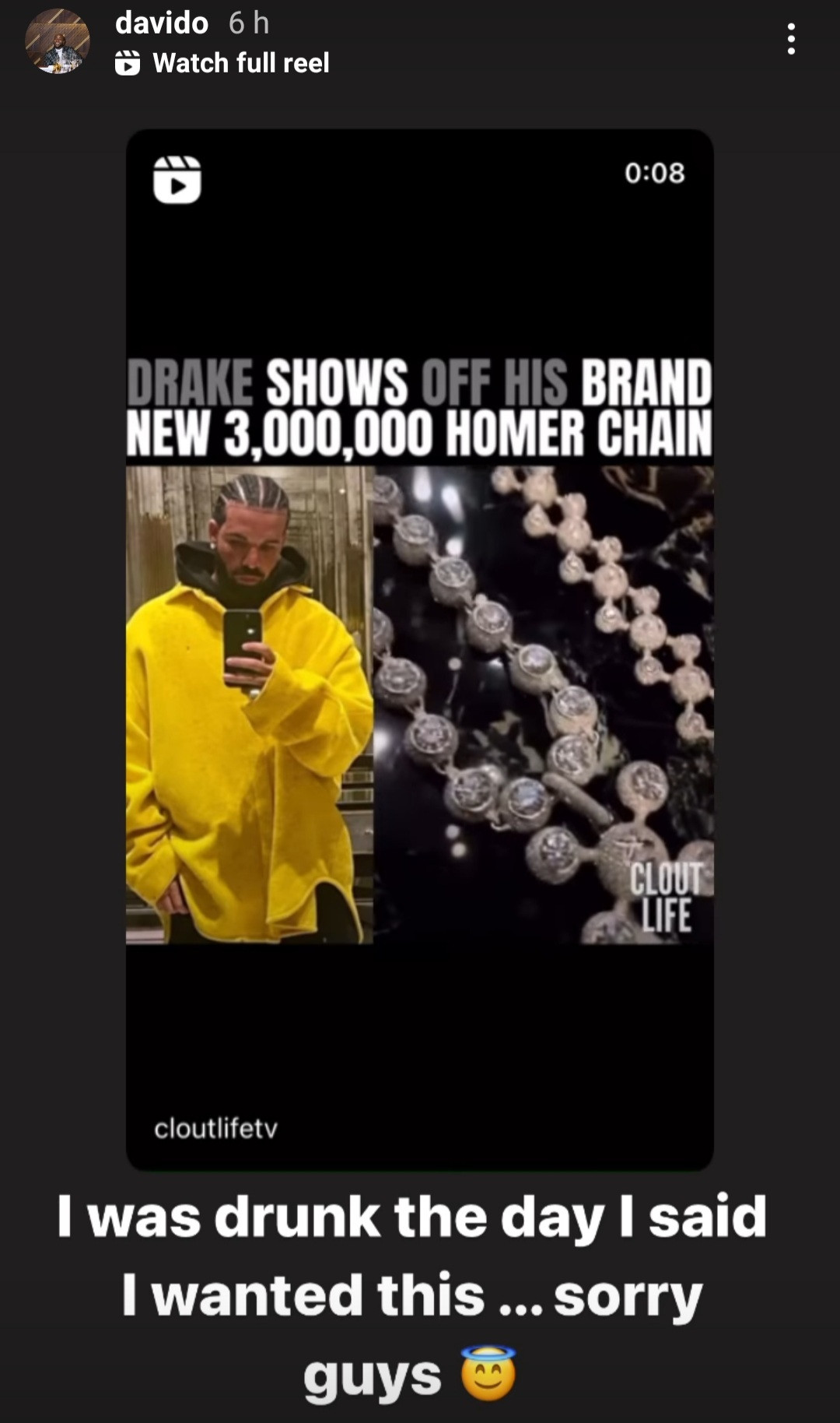 Davido responds to those telling him that he can't afford Drake's $3Milliom chain