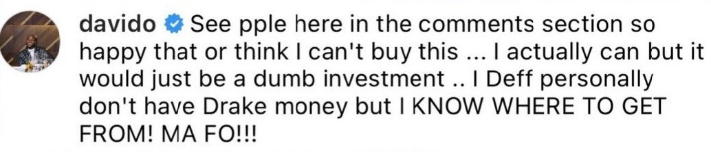 Davido responds to those telling him that he can't afford Drake's $3Milliom chain