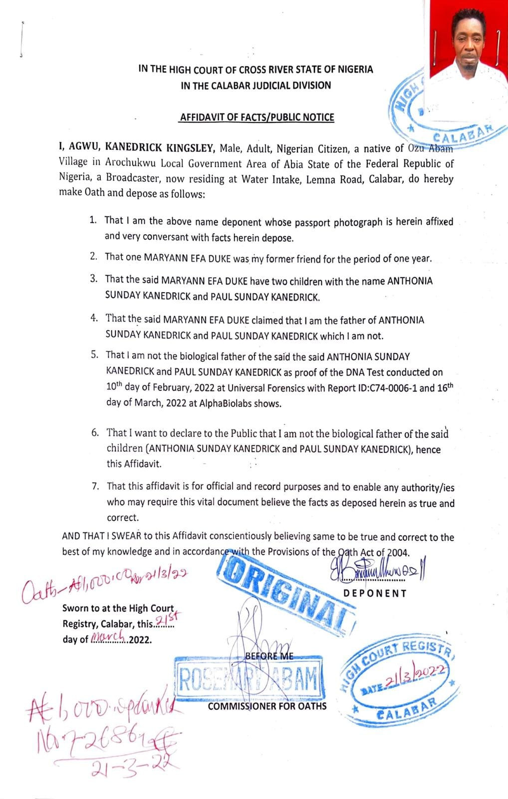 Popular Calabar OAP, Fada Kane discovers he is not the biological father of his two children after over 20 years