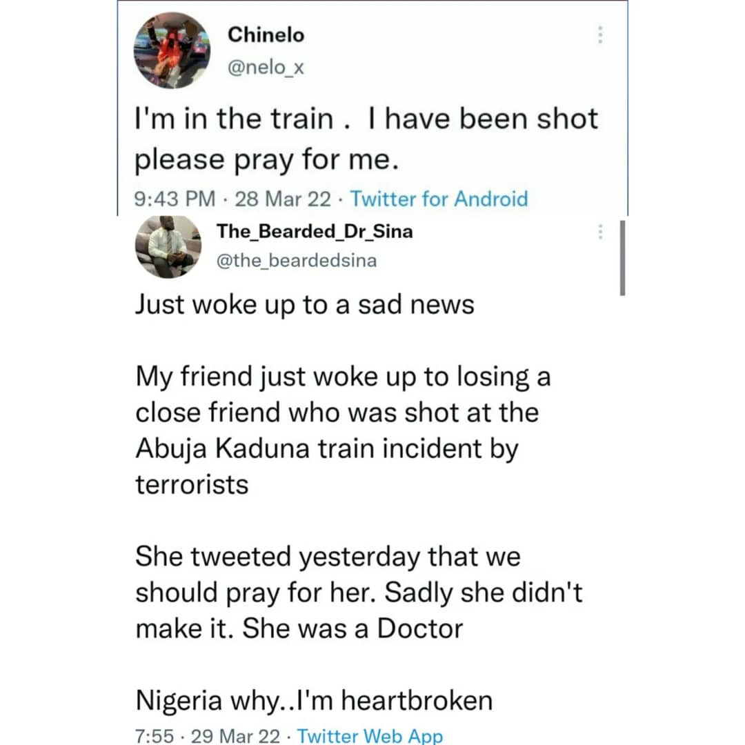 Nigerian female doctor killed in the terror attack on Abuja-Kaduna train. Her last tweet read ''I'm in the train. I have been shot please pray for me''