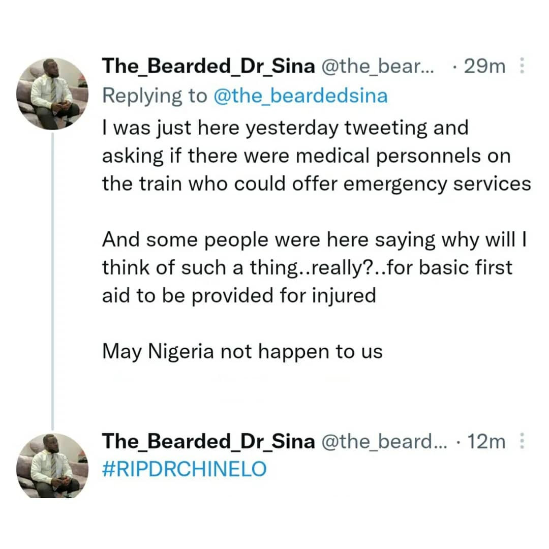 Nigerian female doctor killed in the terror attack on Abuja-Kaduna train. Her last tweet read ''I'm in the train. I have been shot please pray for me''