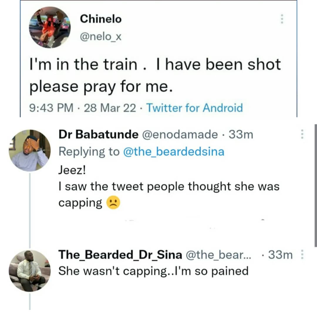 Nigerian female doctor killed in the terror attack on Abuja-Kaduna train. Her last tweet read ''I'm in the train. I have been shot please pray for me''