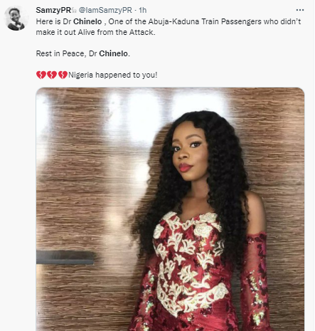 Photo of Nigerian doctor, Chinelo, killed during attack on Abuja-Kaduna train