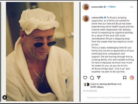 Hollywood actor, Bruce Willis announces he has been diagnosed with degenerative brain condition and will step away from acting